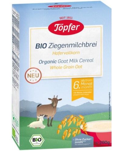 Млечна био каша Töpfer - Козе мляко и пълнозърнест овес, 200 g - 1